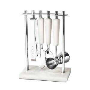 Godinger Azure White Resin & Stainless Steel 5 Piece Bar Tool Set - NIB